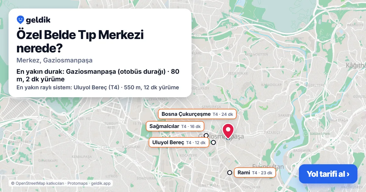 Where is Özel Belde Tıp Merkezi: map with its location and the nearest stops, with walking times