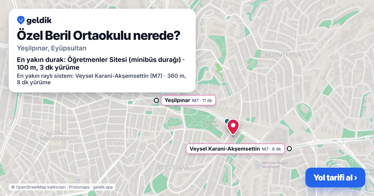 Where is Özel Beril Ortaokulu: map with its location and the nearest stops, with walking times