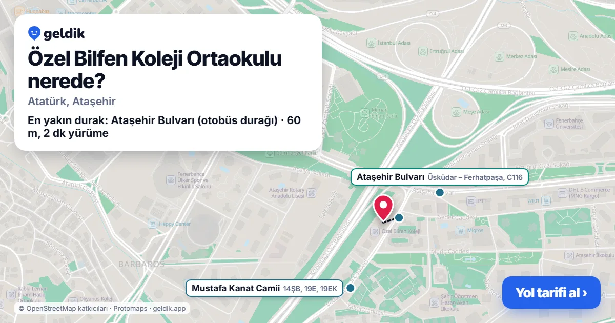 Özel Bilfen Koleji Ortaokulu nerede: haritada konumu ve en yakın duraklar, yürüme süreleriyle