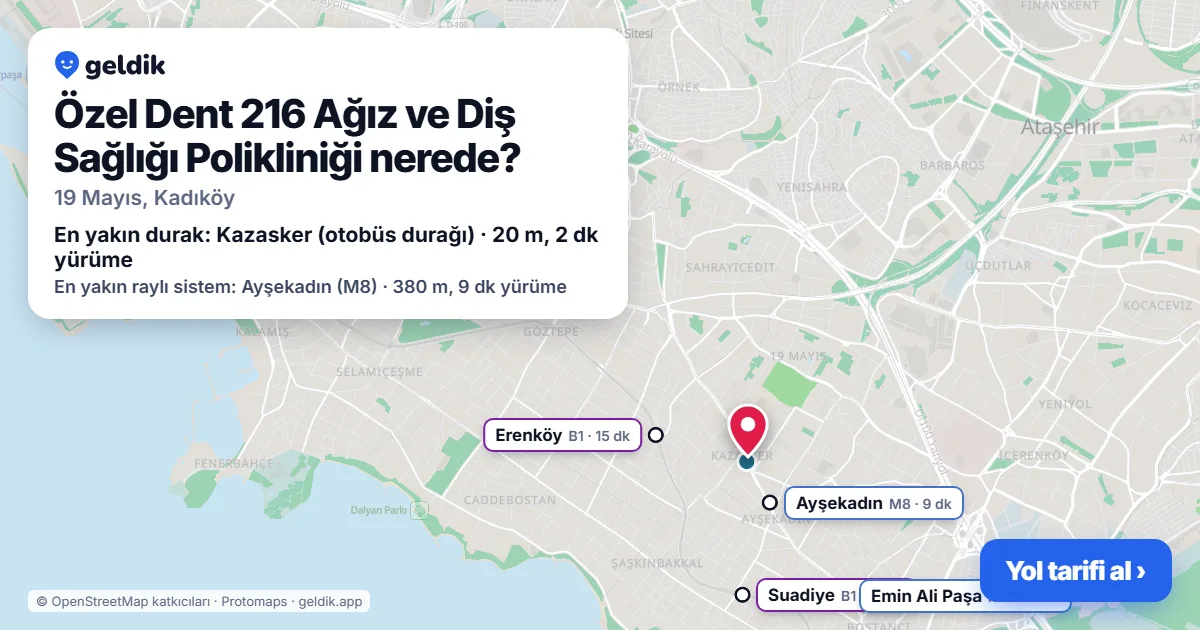 Özel Dent 216 Ağız ve Diş Sağlığı Polikliniği nerede: haritada konumu ve en yakın duraklar, yürüme süreleriyle