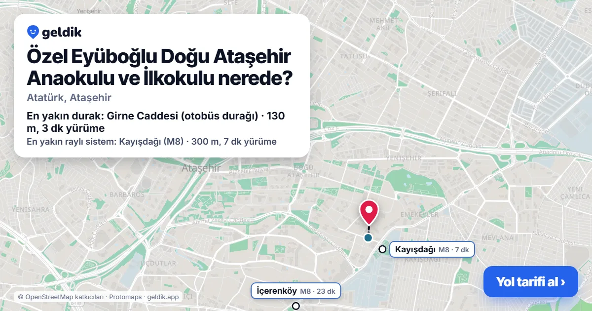 Özel Eyüboğlu Doğu Ataşehir Anaokulu ve İlkokulu nerede: haritada konumu ve en yakın duraklar, yürüme süreleriyle