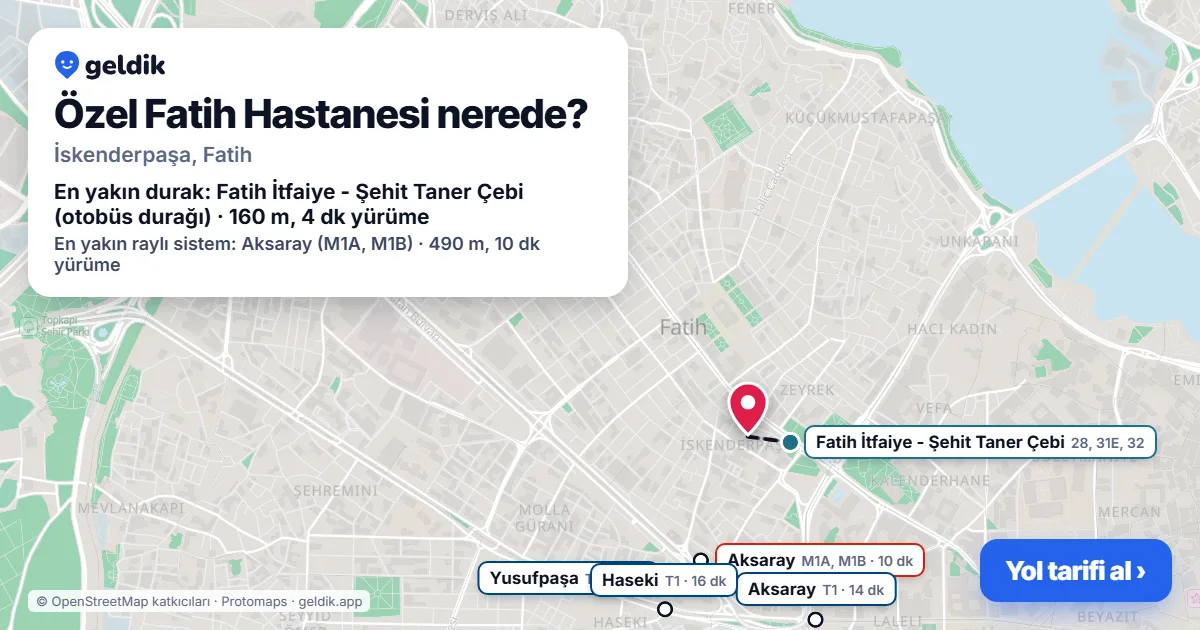 Where is Özel Fatih Hastanesi: map with its location and the nearest stops, with walking times