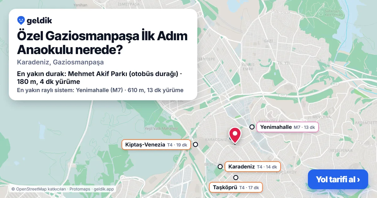 Özel Gaziosmanpaşa İlk Adım Anaokulu nerede: haritada konumu ve en yakın duraklar, yürüme süreleriyle
