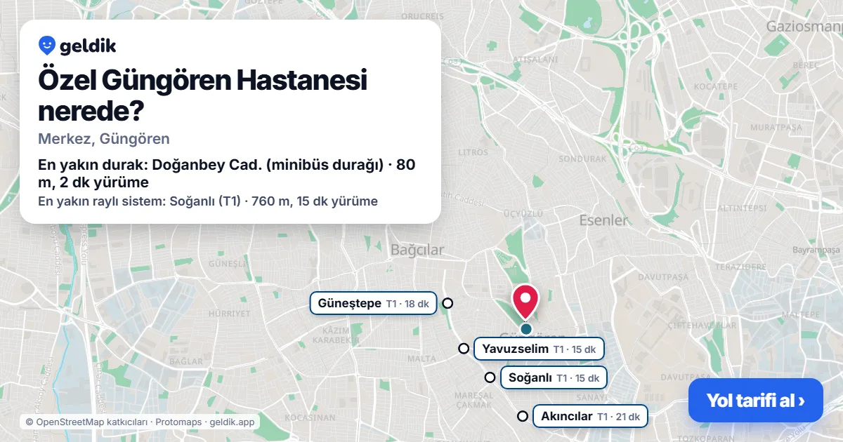 Where is Özel Güngören Hastanesi: map with its location and the nearest stops, with walking times
