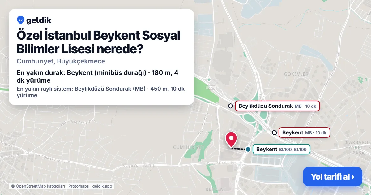 Özel İstanbul Beykent Sosyal Bilimler Lisesi nerede: haritada konumu ve en yakın duraklar, yürüme süreleriyle