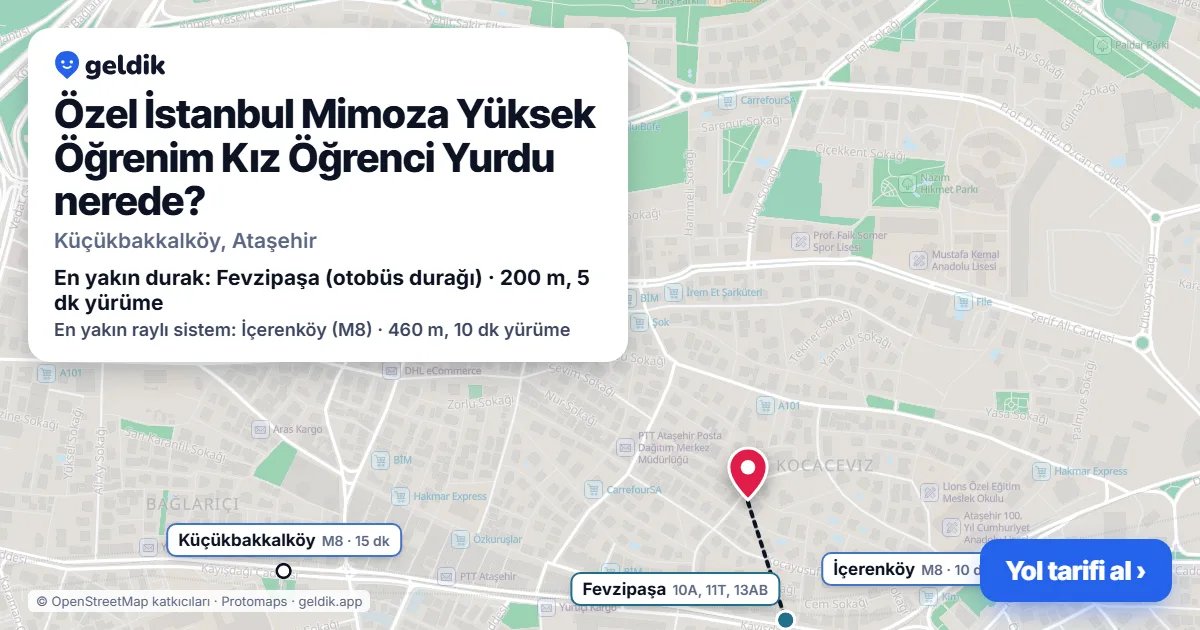 Özel İstanbul Mimoza Yüksek Öğrenim Kız Öğrenci Yurdu nerede: haritada konumu ve en yakın duraklar, yürüme süreleriyle