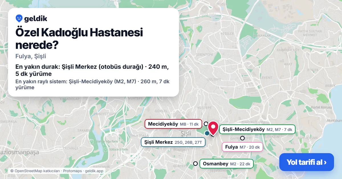 Özel Kadıoğlu Hastanesi nerede: haritada konumu ve en yakın duraklar, yürüme süreleriyle