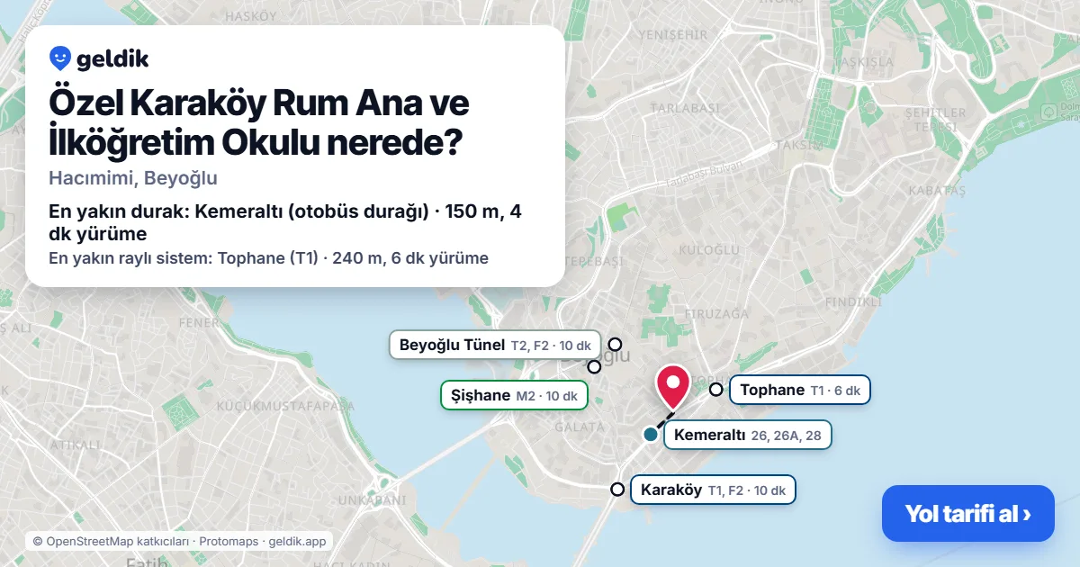 Özel Karaköy Rum Ana ve İlköğretim Okulu nerede: haritada konumu ve en yakın duraklar, yürüme süreleriyle