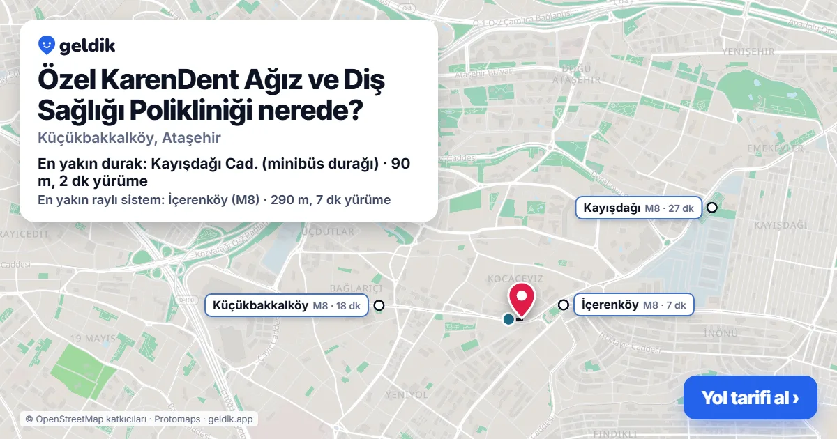 Özel KarenDent Ağız ve Diş Sağlığı Polikliniği nerede: haritada konumu ve en yakın duraklar, yürüme süreleriyle