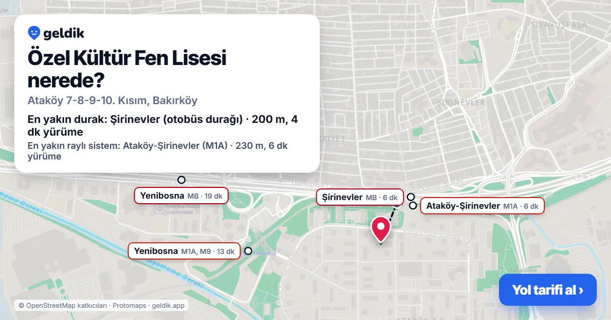 Where is Özel Kültür Fen Lisesi: map with its location and the nearest stops, with walking times