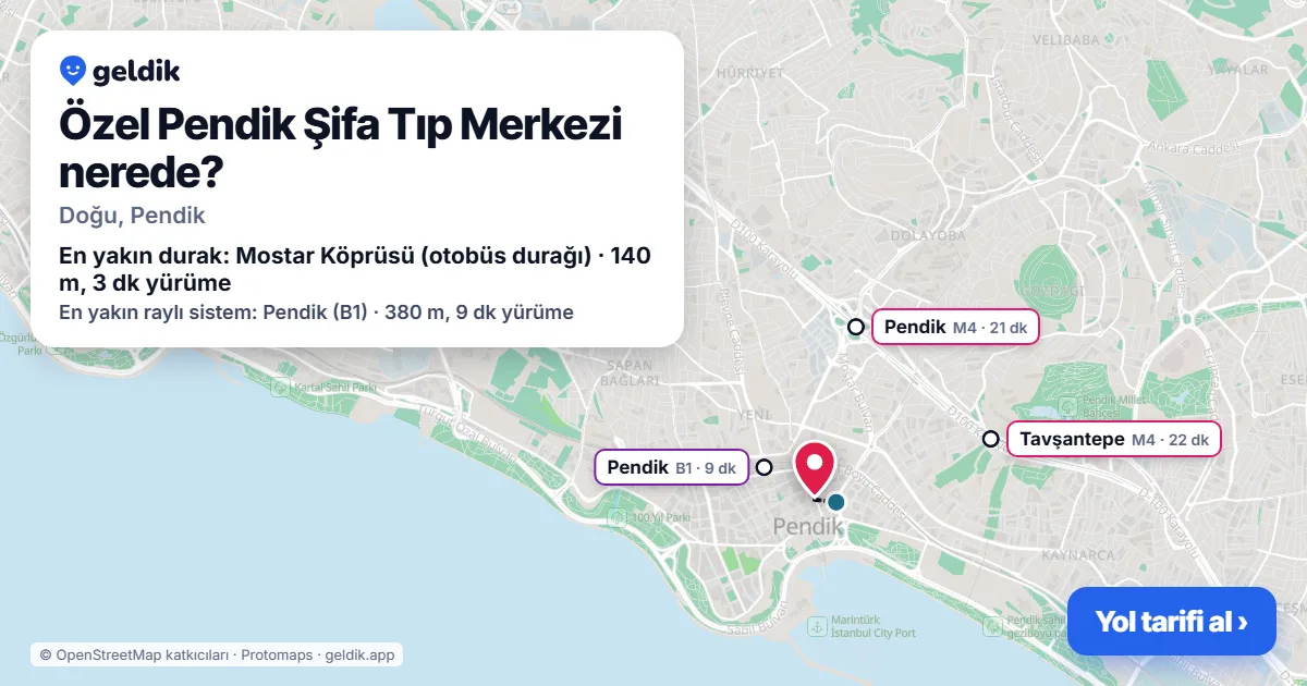 Özel Pendik Şifa Tıp Merkezi nerede: haritada konumu ve en yakın duraklar, yürüme süreleriyle