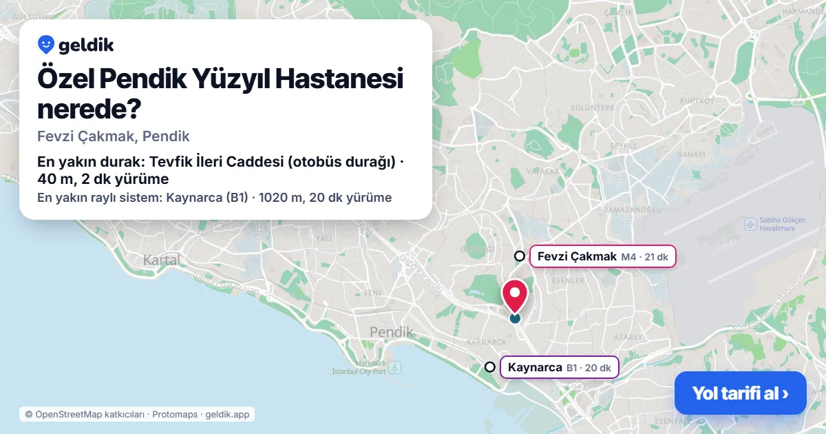 Özel Pendik Yüzyıl Hastanesi nerede: haritada konumu ve en yakın duraklar, yürüme süreleriyle