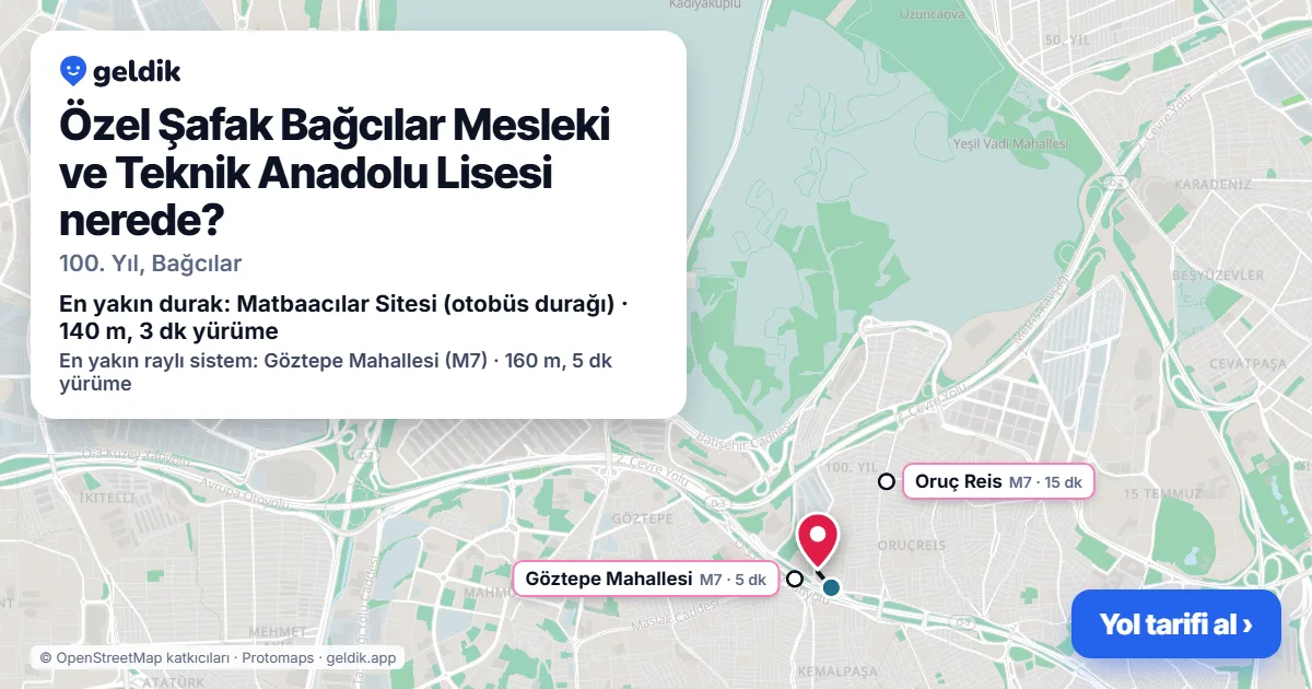 Where is Özel Şafak Bağcılar Mesleki ve Teknik Anadolu Lisesi: map with its location and the nearest stops, with walking times