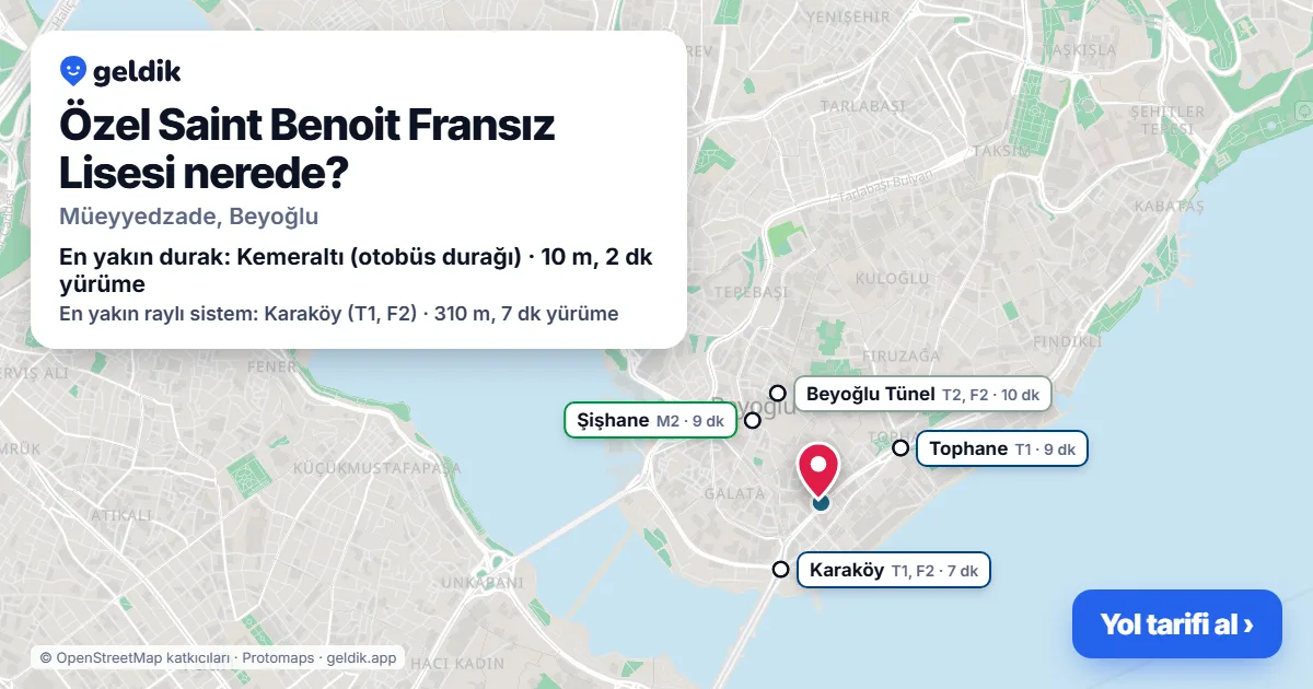 Where is Özel Saint Benoit Fransız Lisesi: map with its location and the nearest stops, with walking times