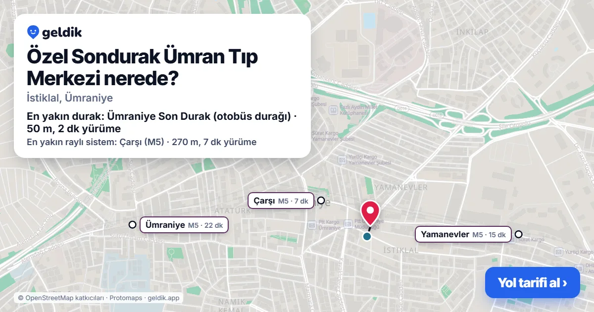 Özel Sondurak Ümran Tıp Merkezi nerede: haritada konumu ve en yakın duraklar, yürüme süreleriyle