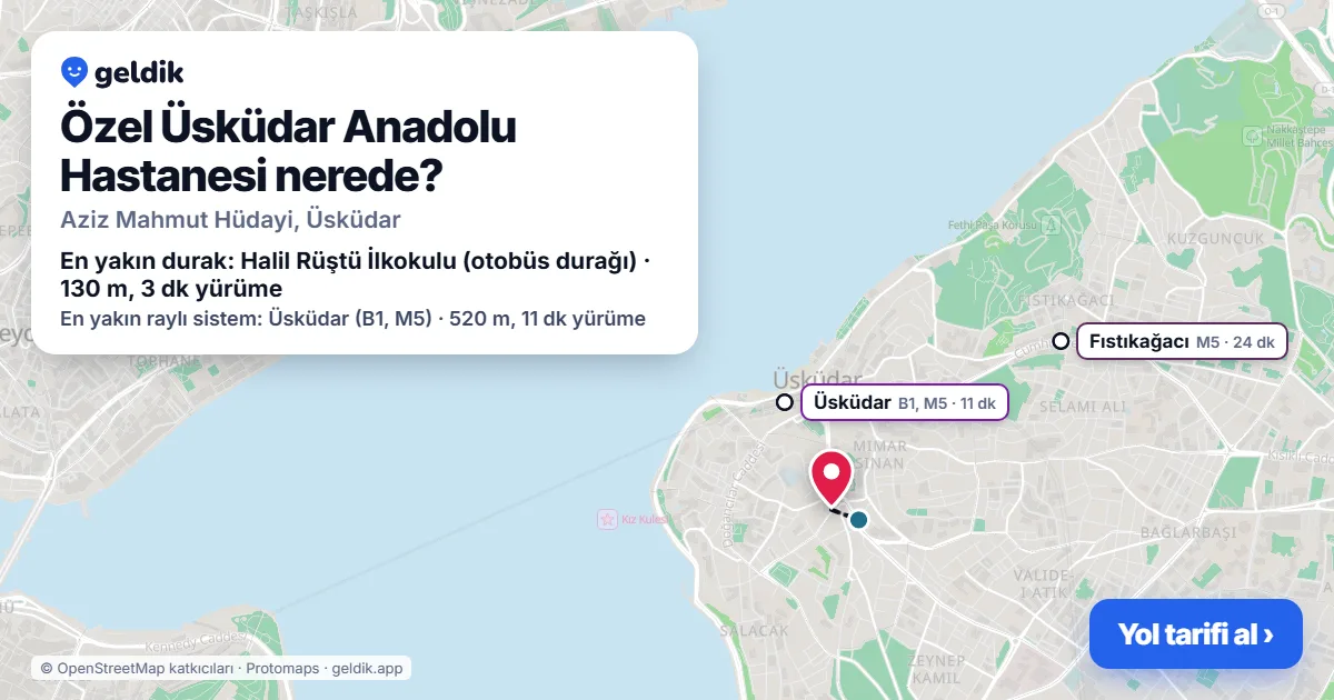 Özel Üsküdar Anadolu Hastanesi nerede: haritada konumu ve en yakın duraklar, yürüme süreleriyle