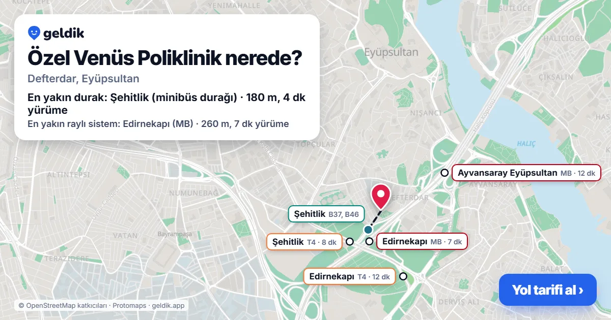 Where is Özel Venüs Poliklinik: map with its location and the nearest stops, with walking times