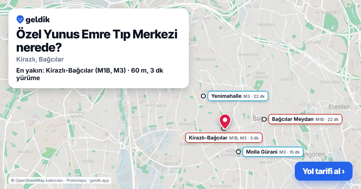 Where is Özel Yunus Emre Tıp Merkezi: map with its location and the nearest stops, with walking times