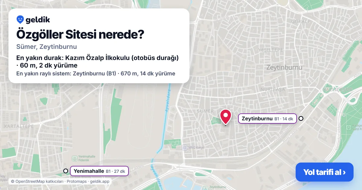 Where is Özgöller Sitesi: map with its location and the nearest stops, with walking times