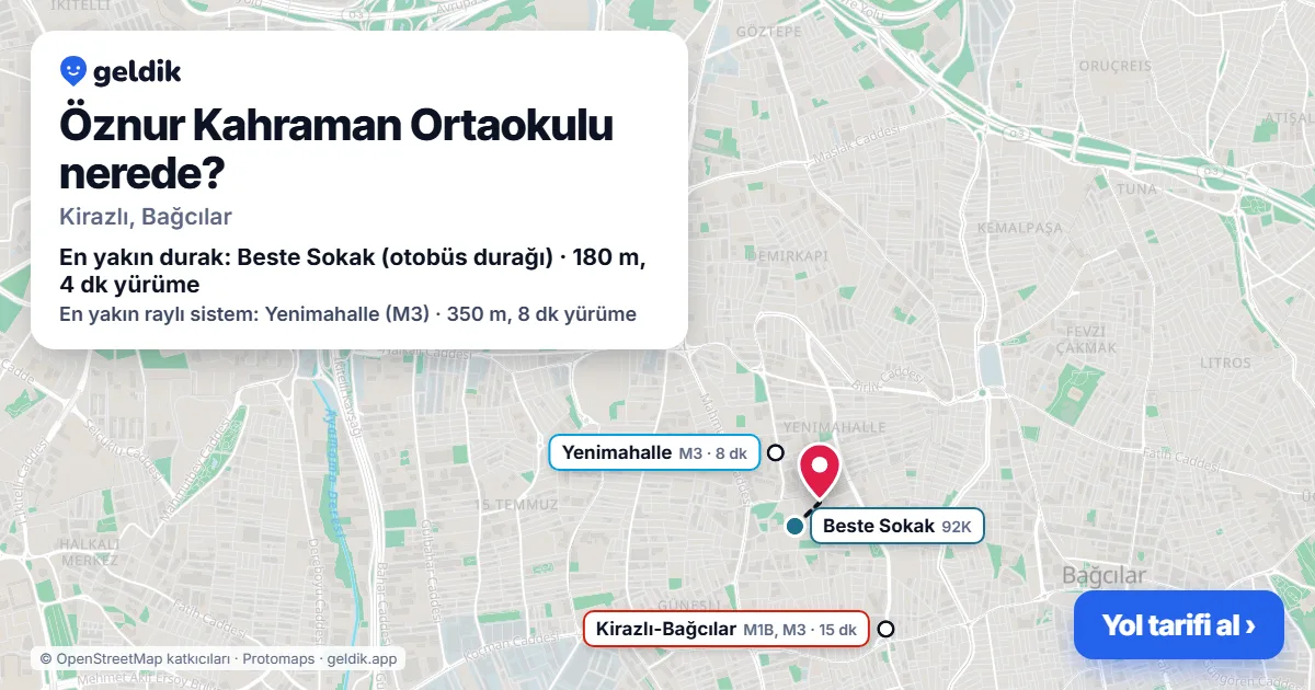 Where is Öznur Kahraman Ortaokulu: map with its location and the nearest stops, with walking times