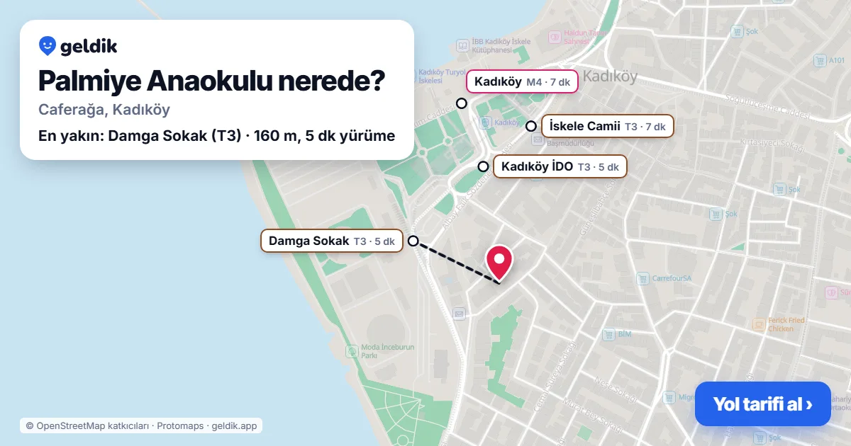 Where is Palmiye Anaokulu: map with its location and the nearest stops, with walking times