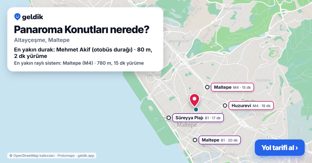 Panaroma Konutları nerede: haritada konumu ve en yakın duraklar, yürüme süreleriyle