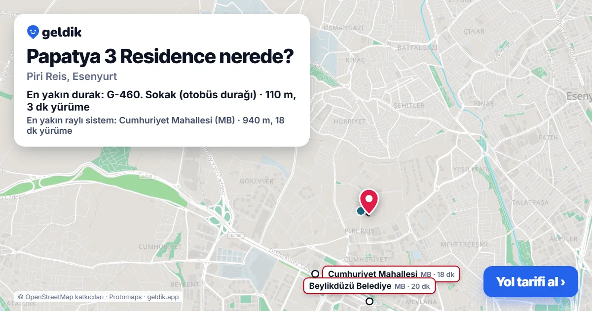 Papatya 3 Residence nerede: haritada konumu ve en yakın duraklar, yürüme süreleriyle