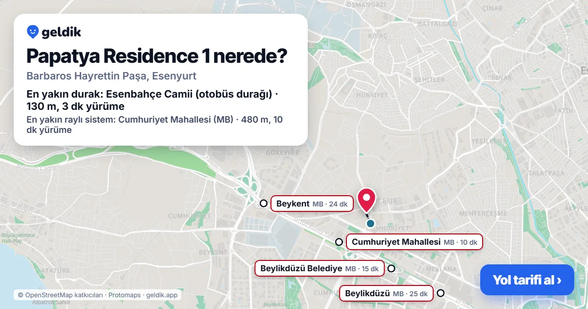 Papatya Residence 1 nerede: haritada konumu ve en yakın duraklar, yürüme süreleriyle