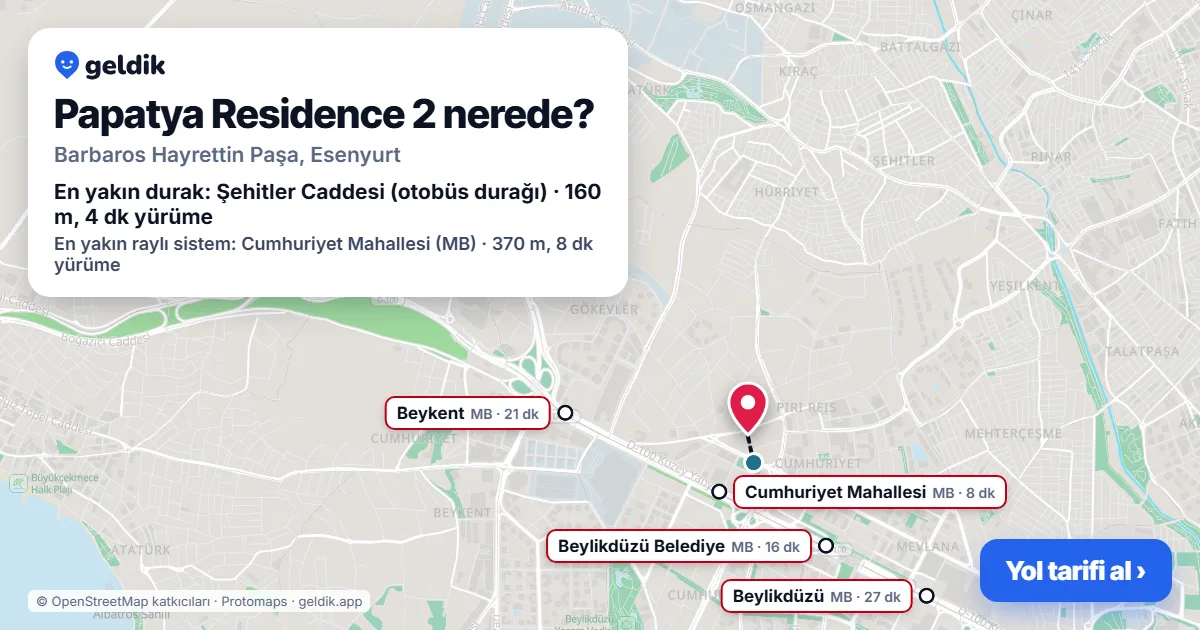 Papatya Residence 2 nerede: haritada konumu ve en yakın duraklar, yürüme süreleriyle