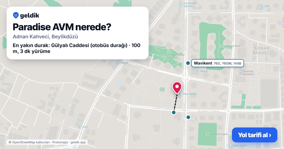 Where is Paradise AVM: map with its location and the nearest stops, with walking times