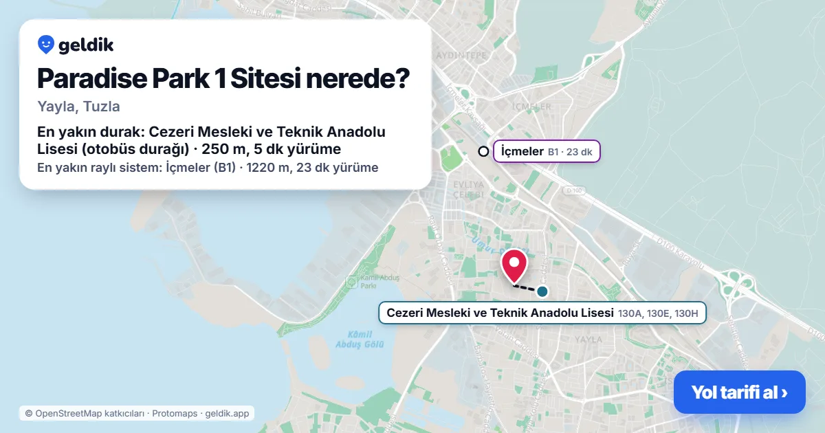 Where is Paradise Park 1 Sitesi: map with its location and the nearest stops, with walking times
