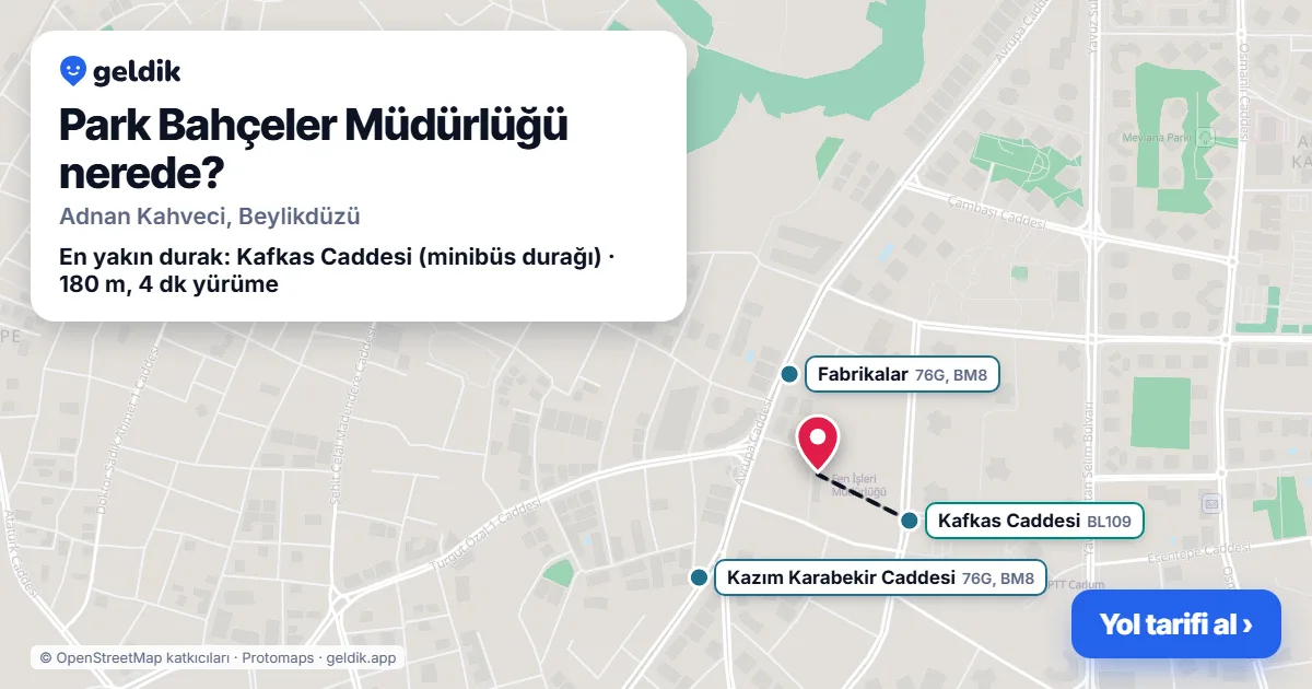 Park Bahçeler Müdürlüğü nerede: haritada konumu ve en yakın duraklar, yürüme süreleriyle