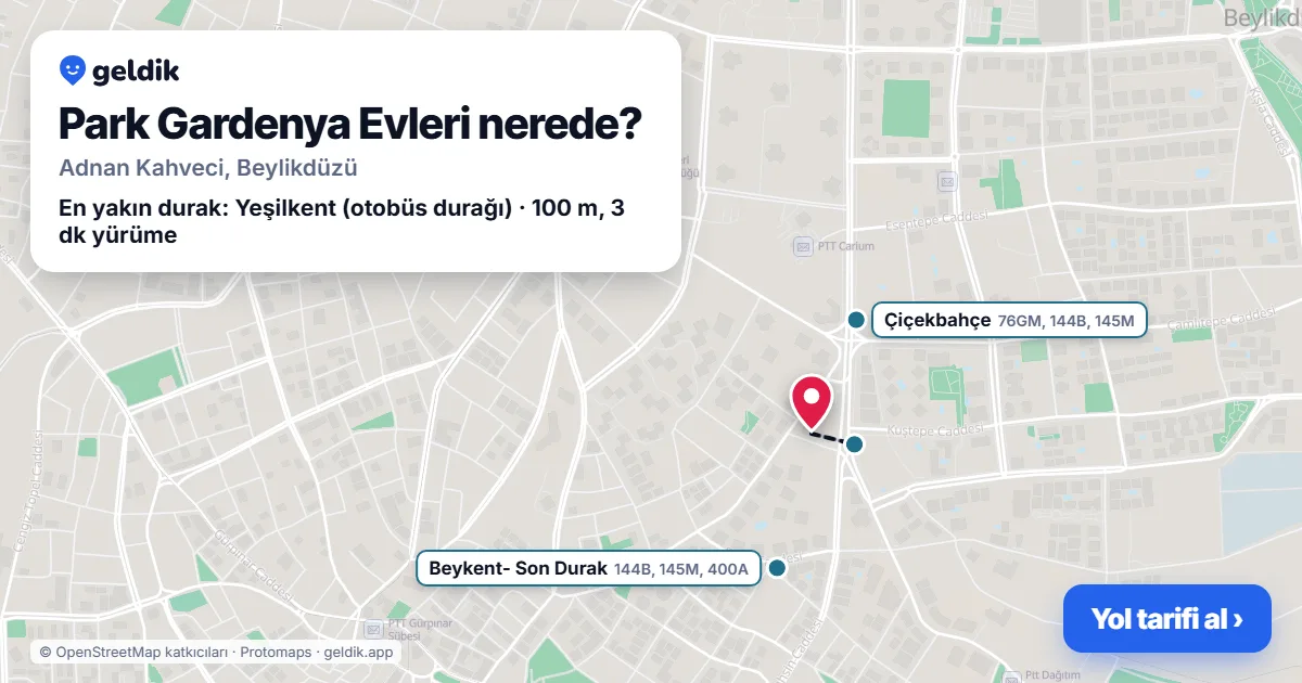 Where is Park Gardenya Evleri: map with its location and the nearest stops, with walking times