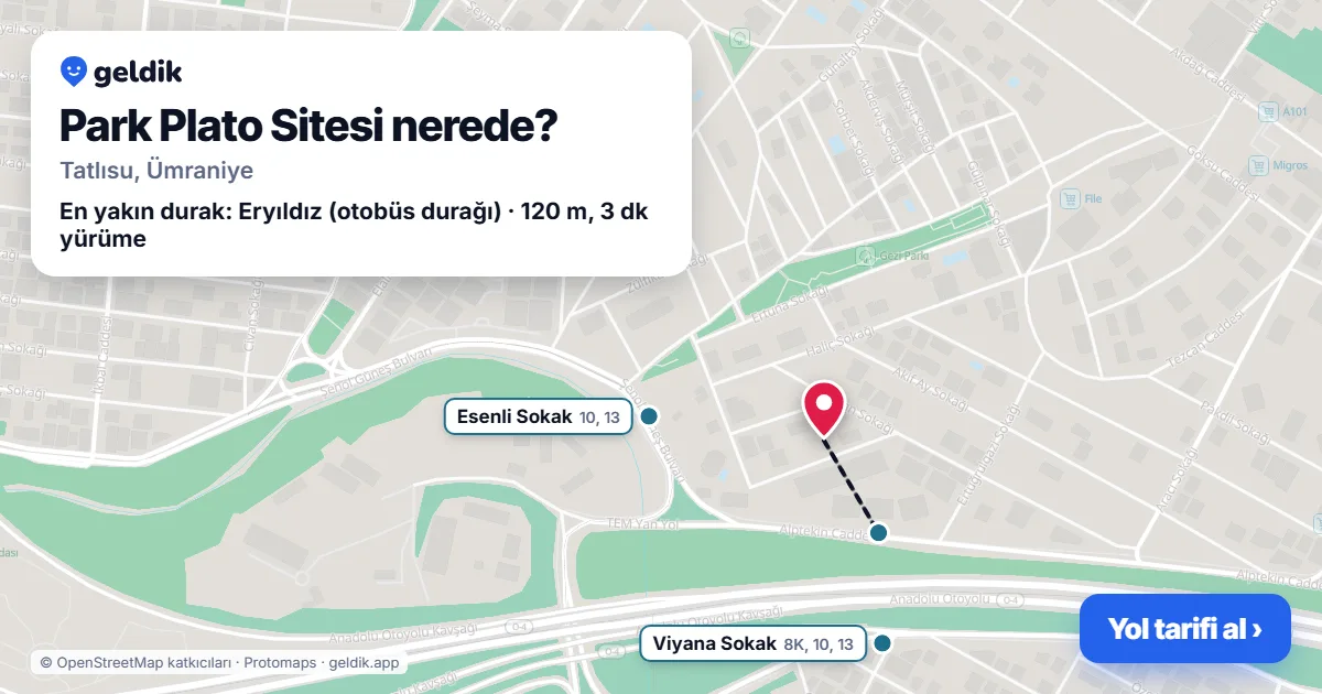 Where is Park Plato Sitesi: map with its location and the nearest stops, with walking times