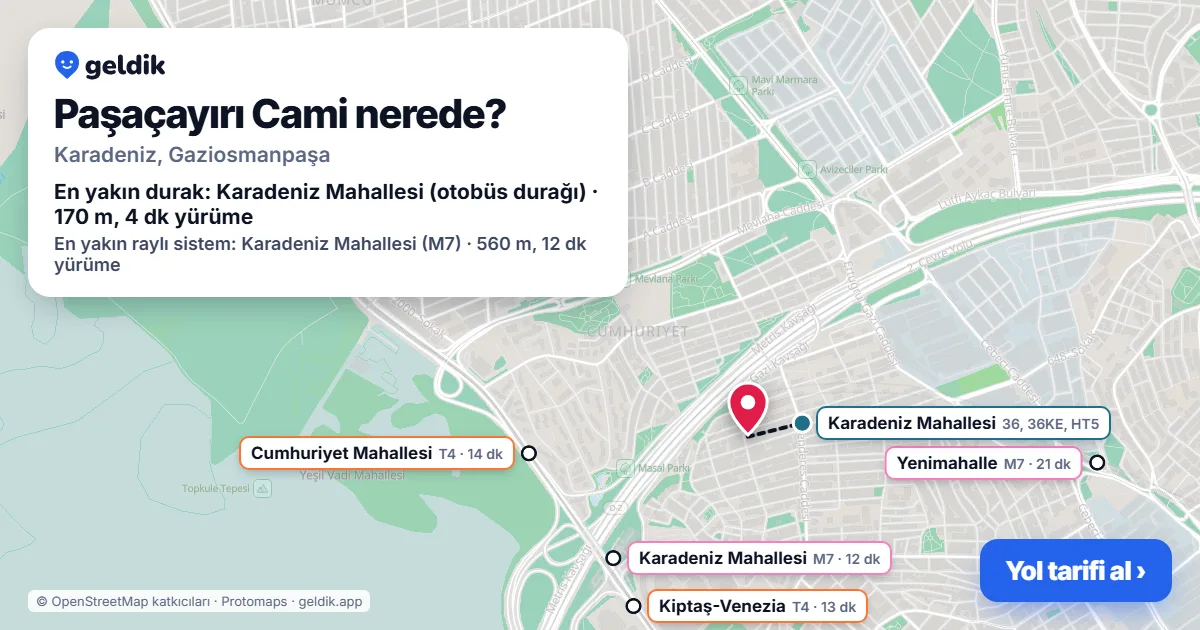 Where is Paşaçayırı Cami: map with its location and the nearest stops, with walking times