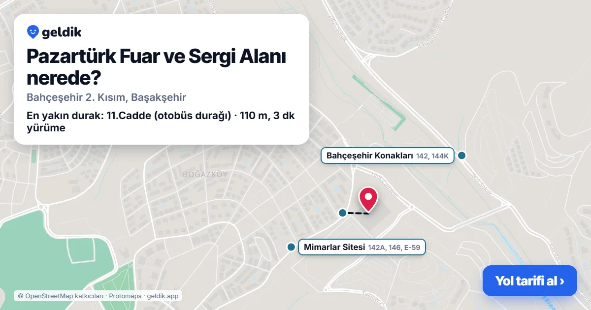Where is Pazartürk Fuar ve Sergi Alanı: map with its location and the nearest stops, with walking times