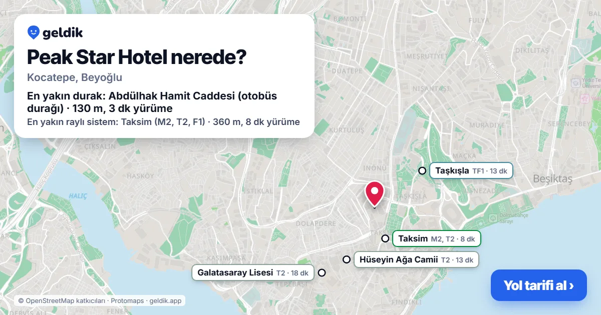 Peak Star Hotel nerede: haritada konumu ve en yakın duraklar, yürüme süreleriyle