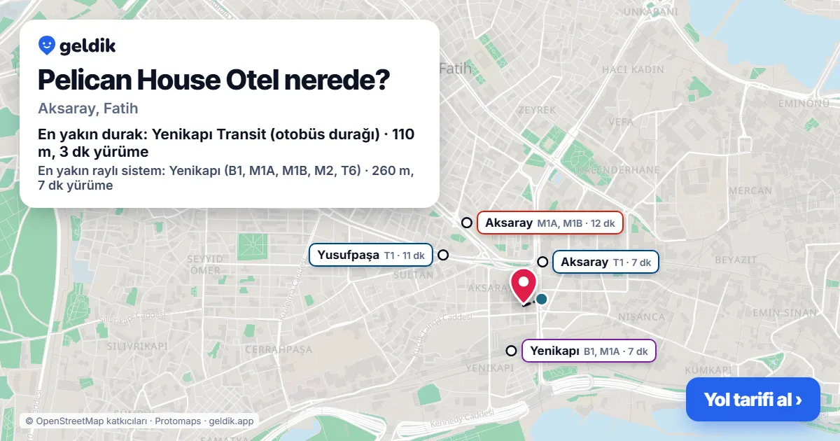Pelican House Otel nerede: haritada konumu ve en yakın duraklar, yürüme süreleriyle