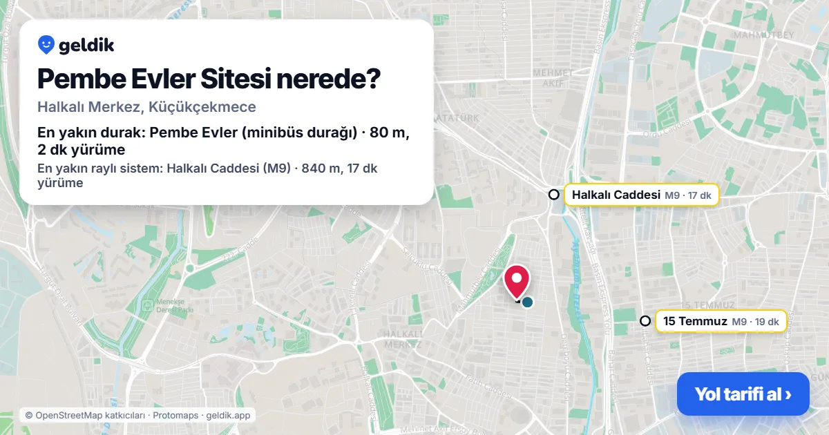 Where is Pembe Evler Sitesi: map with its location and the nearest stops, with walking times