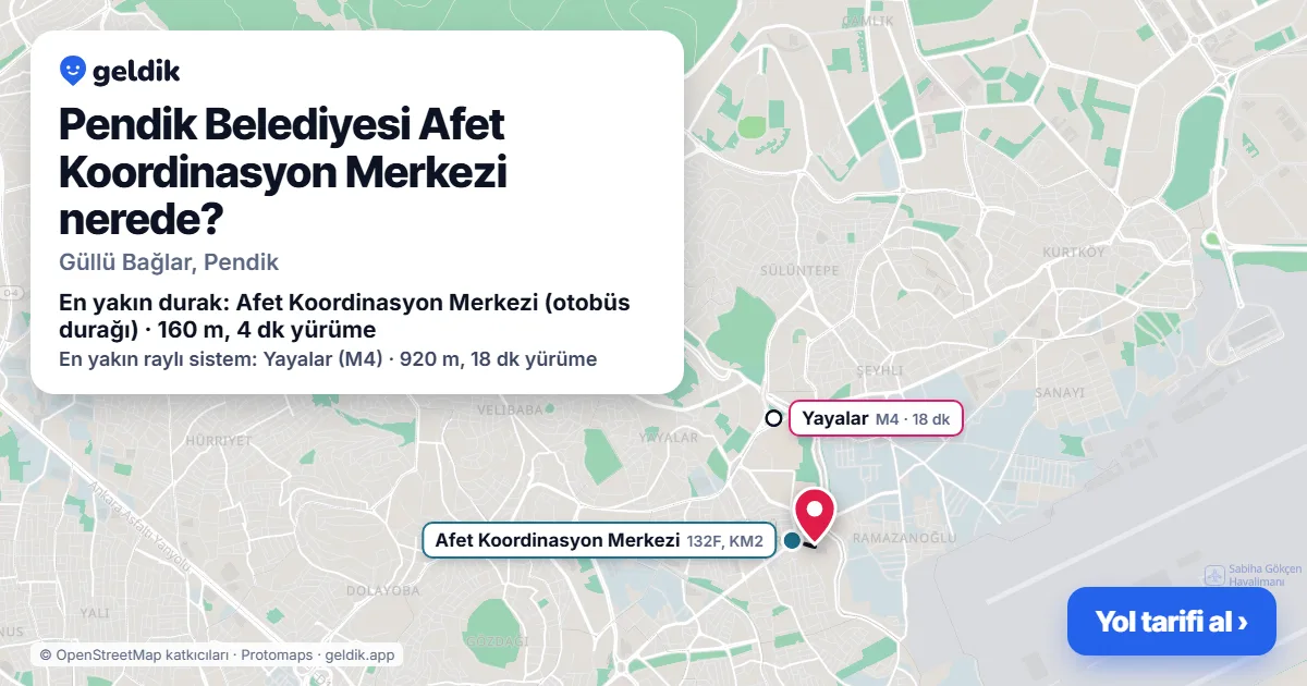 Pendik Belediyesi Afet Koordinasyon Merkezi nerede: haritada konumu ve en yakın duraklar, yürüme süreleriyle