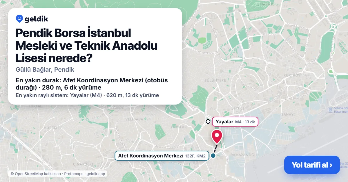 Pendik Borsa İstanbul Mesleki ve Teknik Anadolu Lisesi nerede: haritada konumu ve en yakın duraklar, yürüme süreleriyle