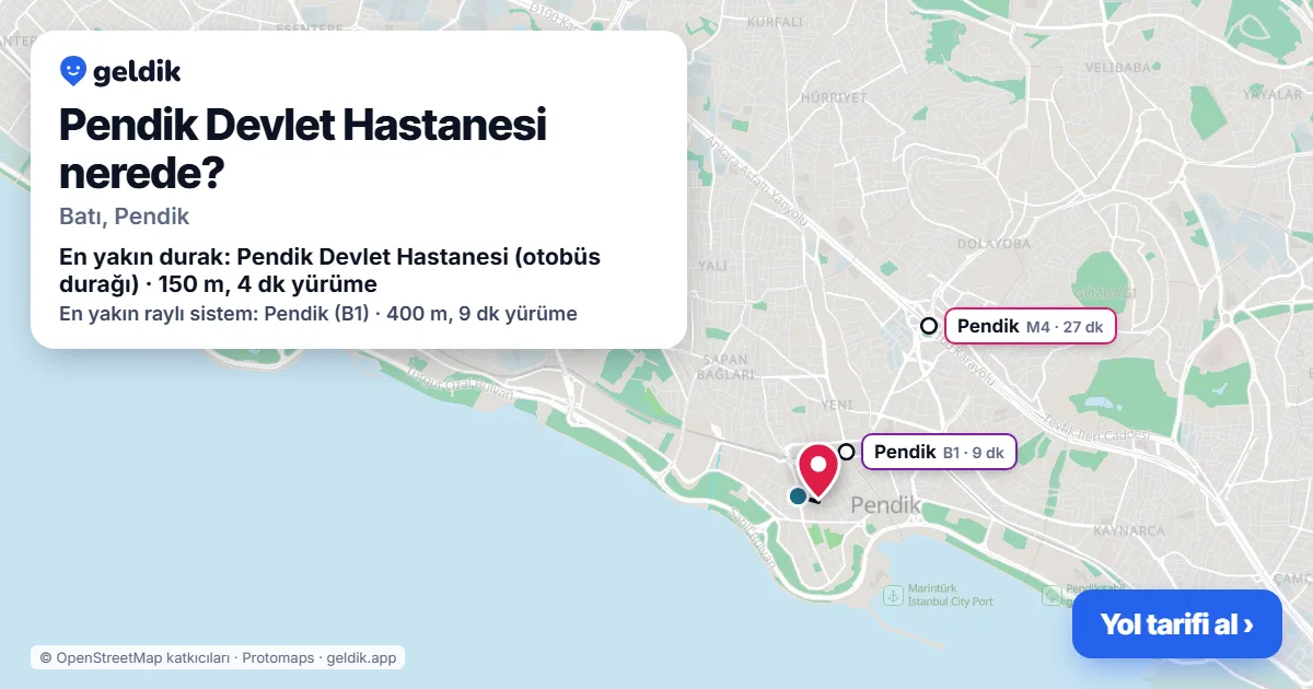 Where is Pendik Devlet Hastanesi: map with its location and the nearest stops, with walking times