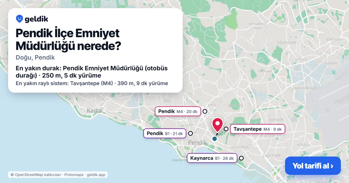 Pendik İlçe Emniyet Müdürlüğü nerede: haritada konumu ve en yakın duraklar, yürüme süreleriyle