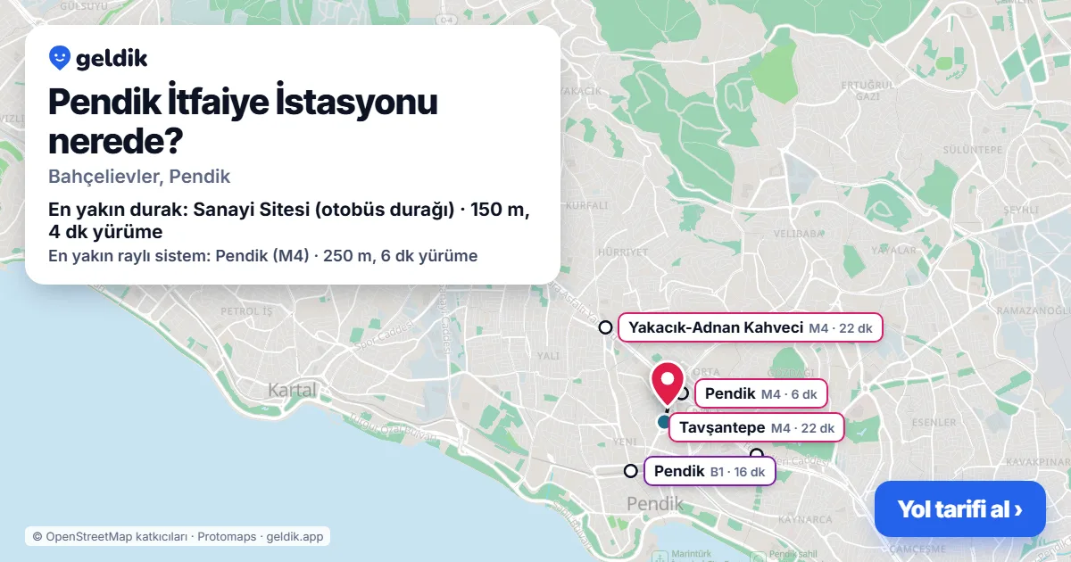 Where is Pendik İtfaiye İstasyonu: map with its location and the nearest stops, with walking times