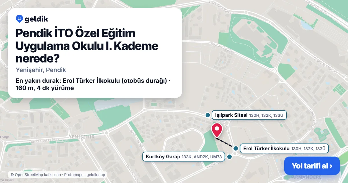Pendik İTO Özel Eğitim Uygulama Okulu I. Kademe nerede: haritada konumu ve en yakın duraklar, yürüme süreleriyle
