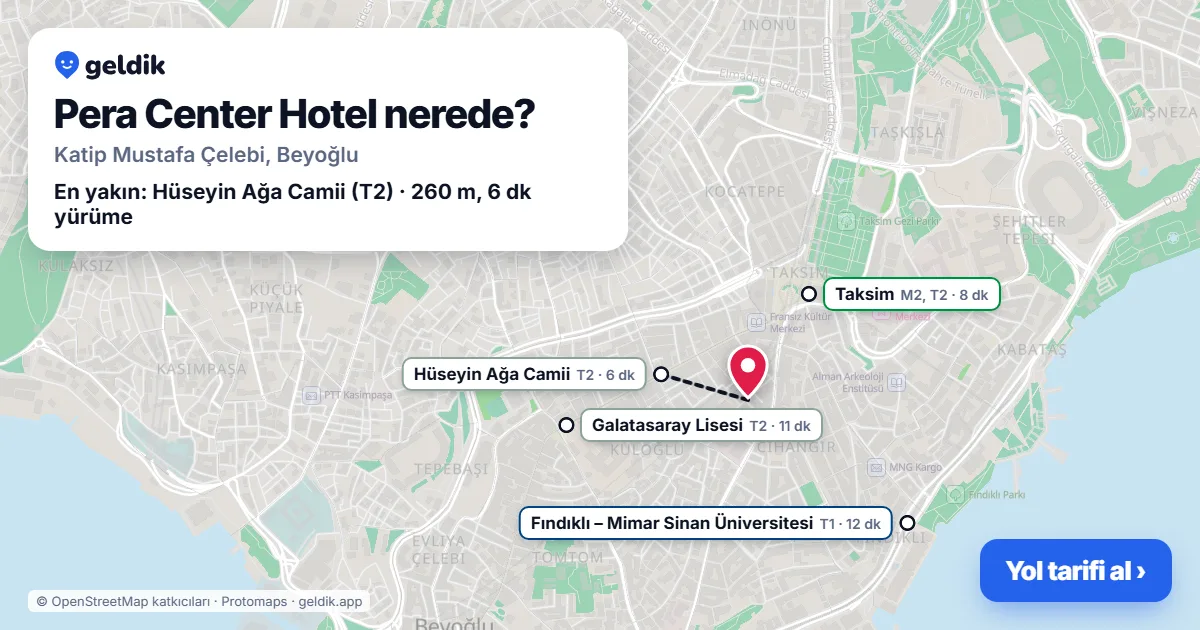 Where is Pera Center Hotel: map with its location and the nearest stops, with walking times