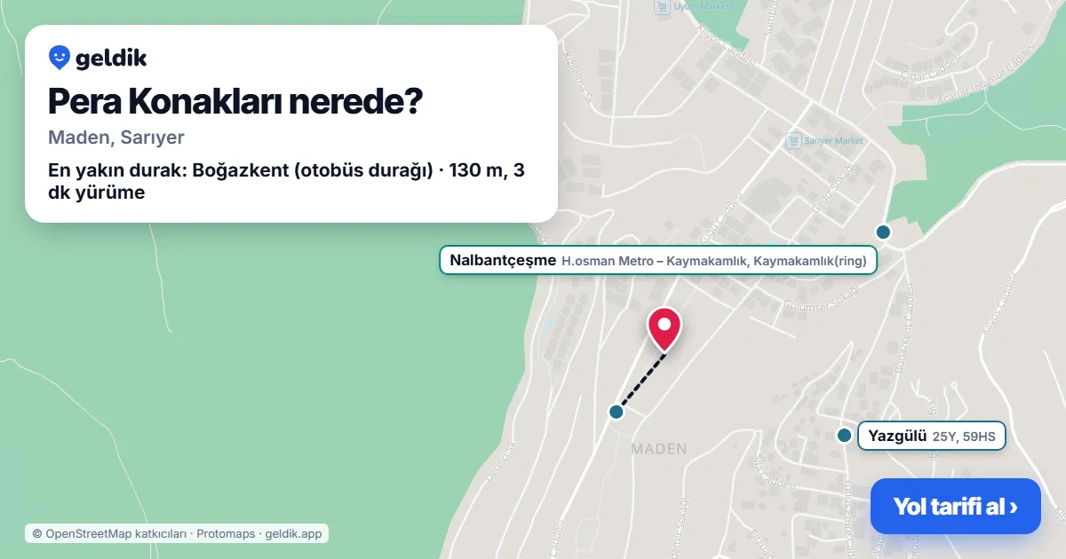Pera Konakları nerede: haritada konumu ve en yakın duraklar, yürüme süreleriyle