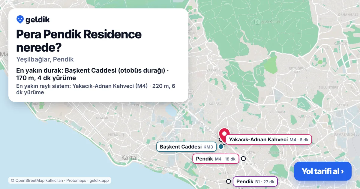 Where is Pera Pendik Residence: map with its location and the nearest stops, with walking times