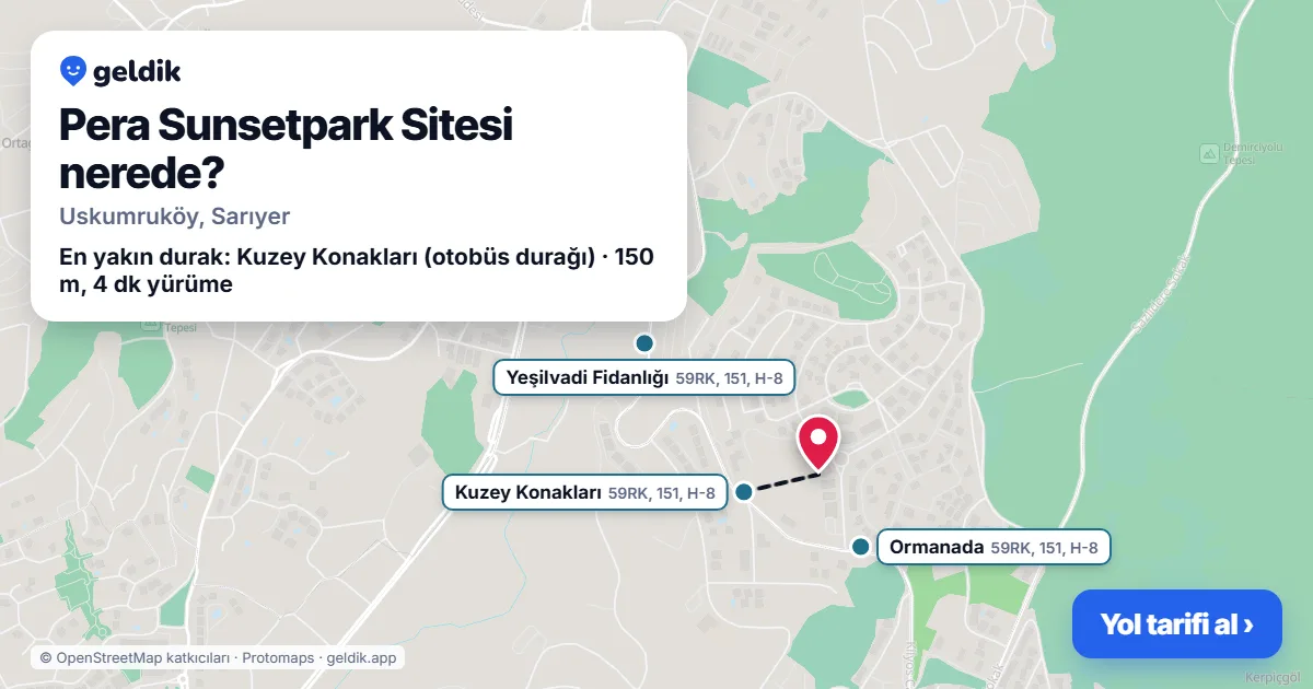 Pera Sunsetpark Sitesi nerede: haritada konumu ve en yakın duraklar, yürüme süreleriyle