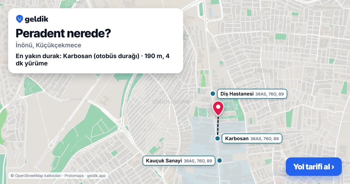 Peradent nerede: haritada konumu ve en yakın duraklar, yürüme süreleriyle